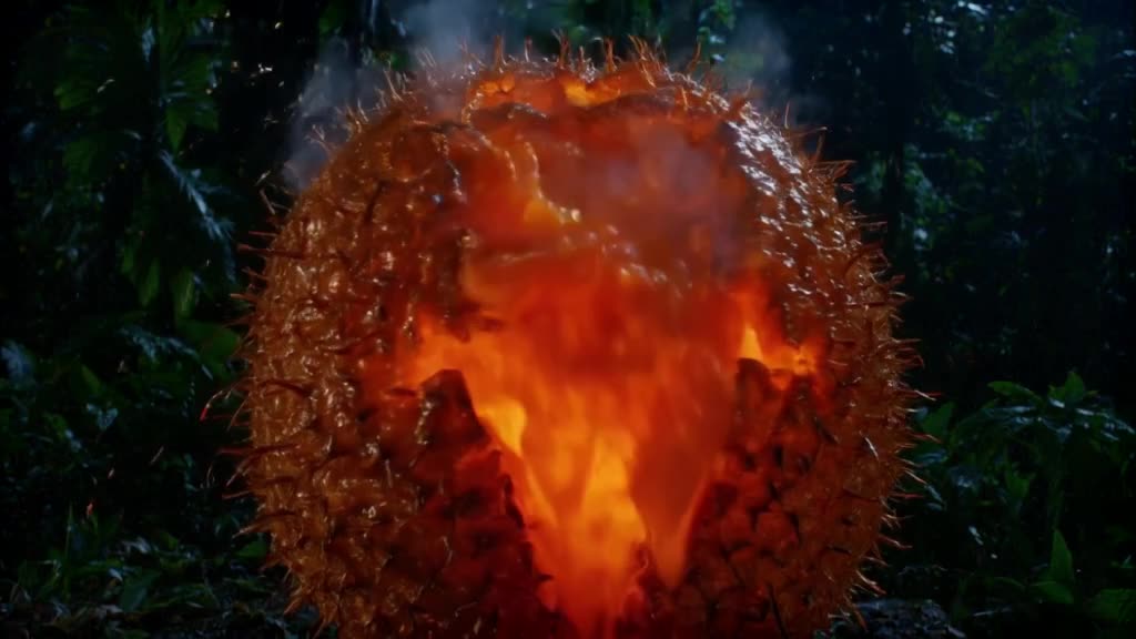Extreme close-up of a giant, glowing orange durian fruit in a dark jungle at night. A spo…