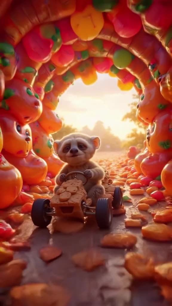A sloth drives a miniature go-kart made of wafer cookies. He races through a tunnel of gi…