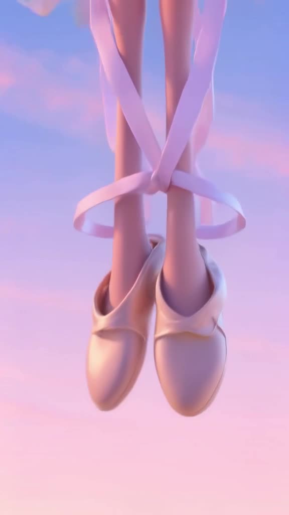 A pair of ballet shoes hangs in zero gravity, unraveling their ribbons which turn into si…