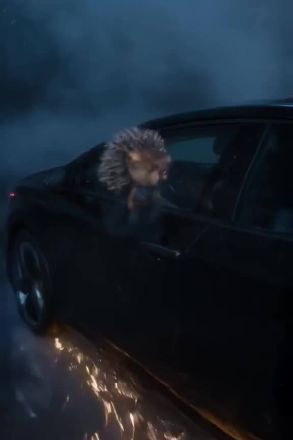 A hedgehog in a tiny vest rolls rapidly along the side of a black electric car, leaving a…