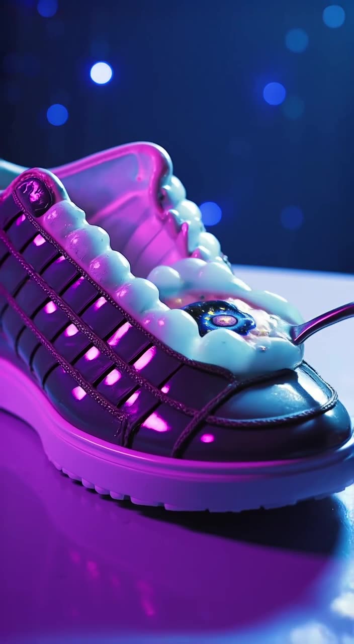 A sneaker made of layered gelatin wobbles on a table. A spoon scoops out a chunk, reveali…