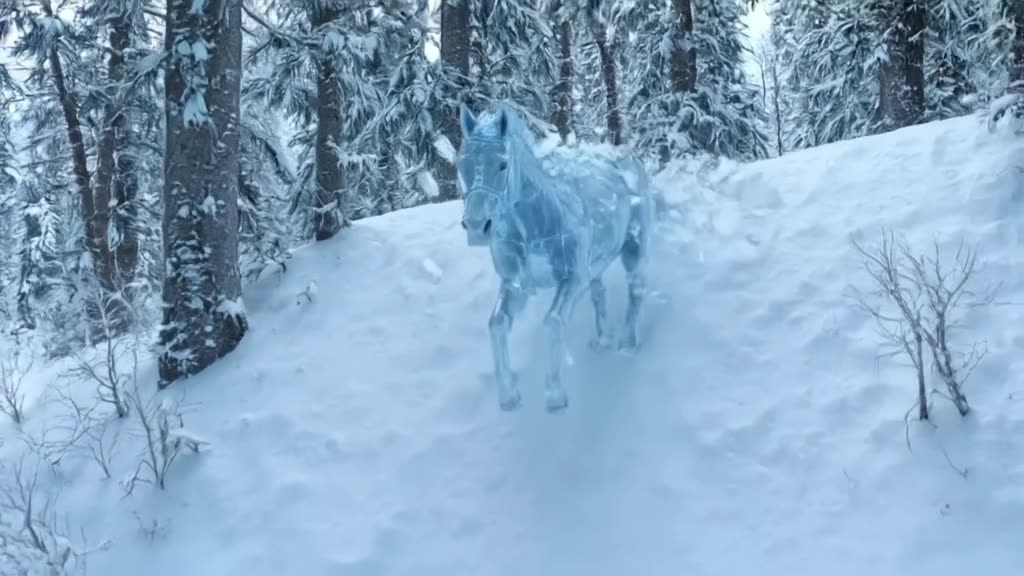 A horse made of clear glass slides down a snowy hill, shattering into ice cubes that refo…