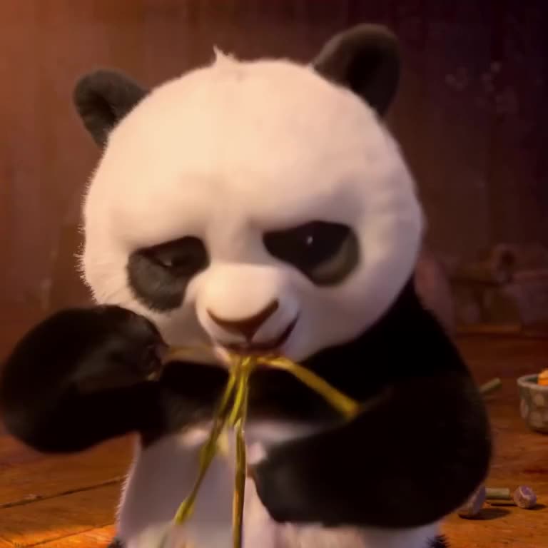 A baby panda chews on a bamboo hair tie. It wraps the tie around its arm like a bracelet …