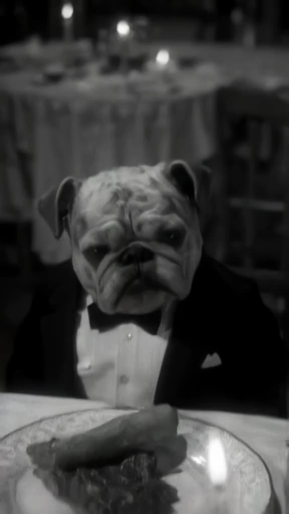 A bulldog wears a tiny tuxedo, sitting at a dinner table. Candlelight flickers softly. Ca…