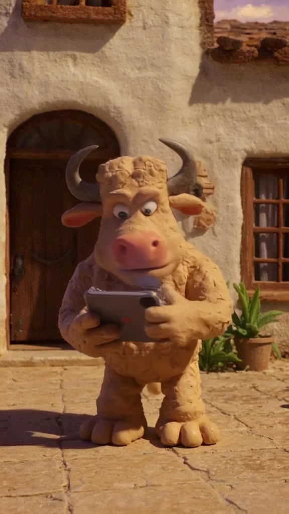 A minotaur in a white-washed Cycladic house patio tries to use a tablet to order food. Th…