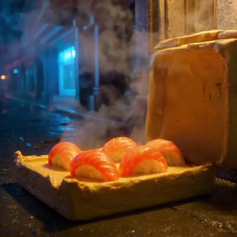 A convenience store bento box lid pops off, revealing steaming sushi that bow to each oth…