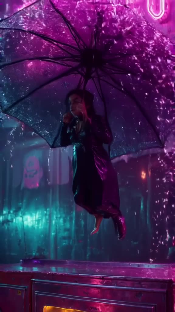 An umbrella autonomously snaps open mid-air, catching raindrops that transform into spark…