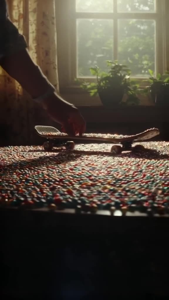 A skateboard sits on a table covered in hundreds of small, colorful marble beads. As a ha…