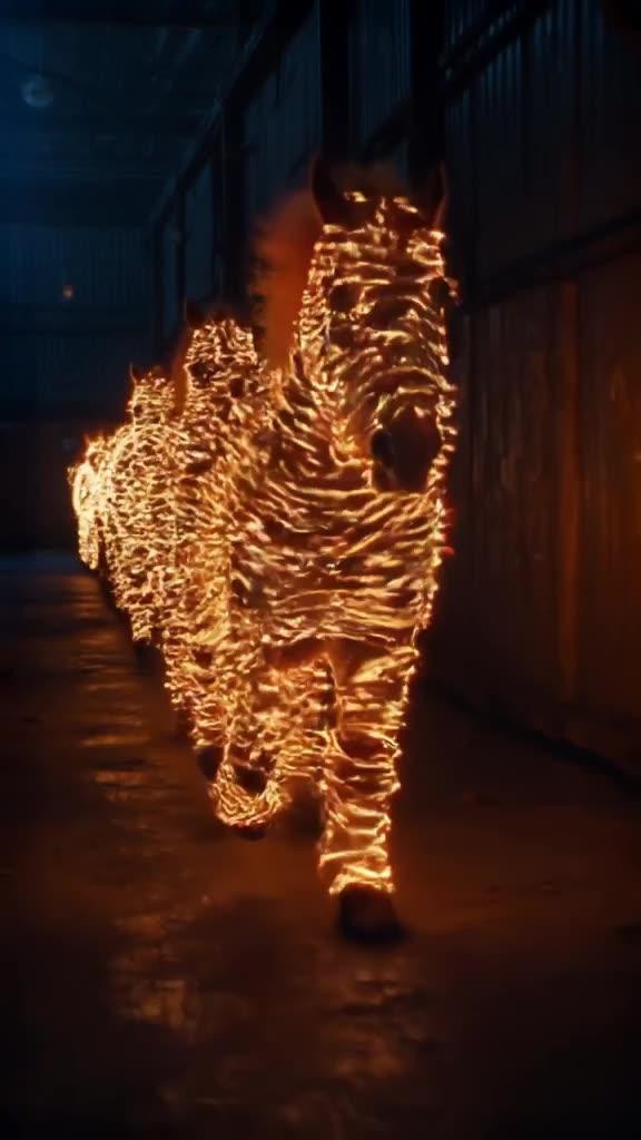 A horse made of stacked, glowing LED lightbulbs trots through a dark warehouse. Each step…