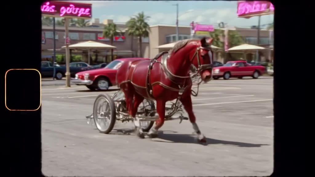 A vintage 1950s horse made of red vinyl and chrome parts rolls into frame on tiny wheels,…