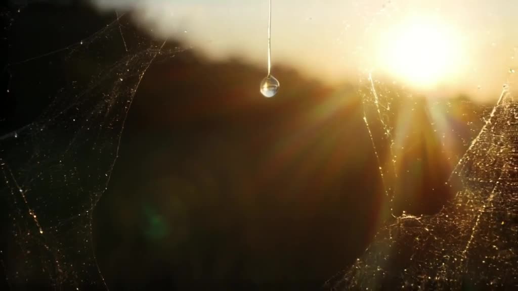 Spiderweb glistening with dew, a single dewdrop slides down and stretches into a long thr…