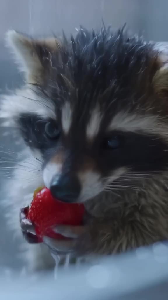 Close-up of a baby raccoon washing a strawberry in a sink. It looks up, judging the camer…