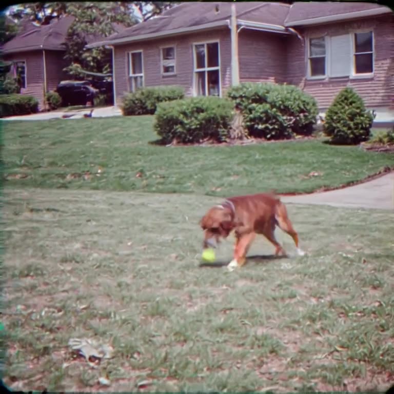 VHS retro style: A beagle chases a tennis ball across a suburban lawn. Grainy filter and …