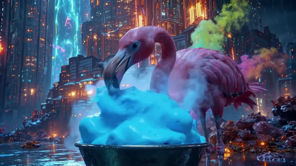 A flamingo uses its beak like a paintbrush, dipping into neon blue ice cream and painting…