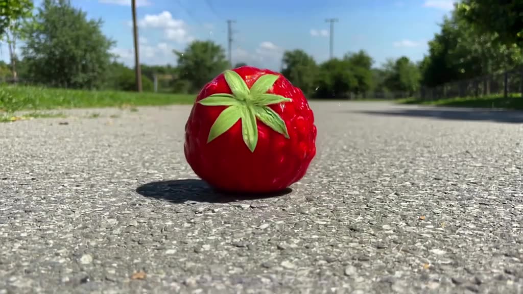 Hyper-realistic close-up of a tennis ball bouncing on asphalt, turning into a strawberry …
