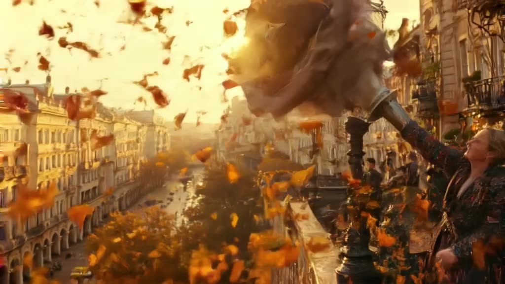 Parisian boulevards seen from a high balcony. A giant hairdryer blows a giant hat off a l…