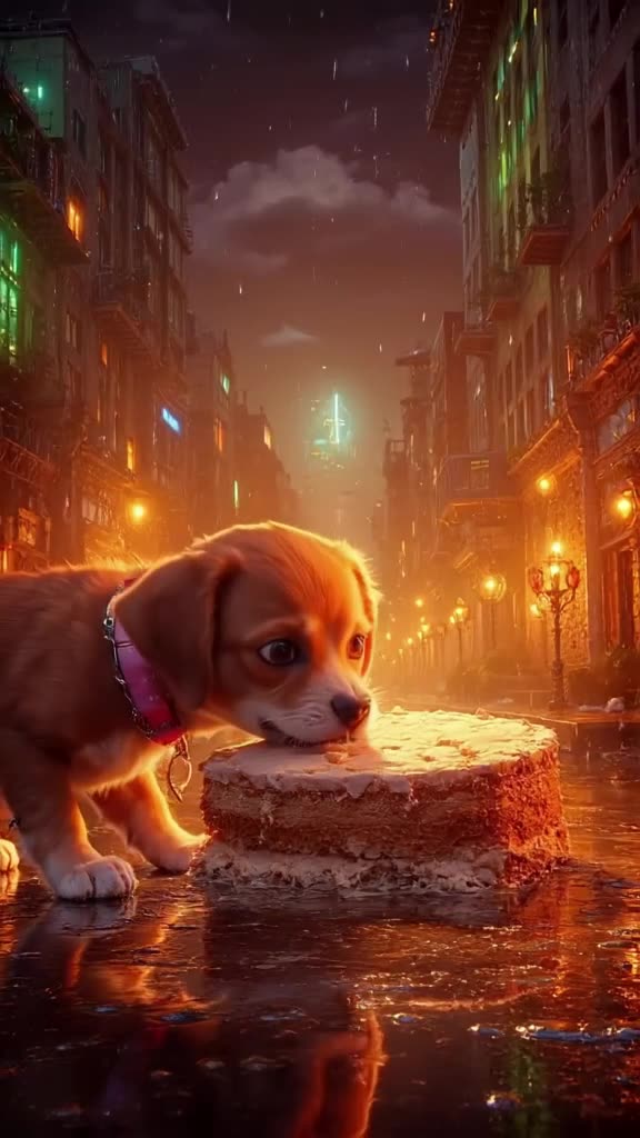A puppy howls at a slice of cake shaped like a moon. The howl causes the moon to wobble a…