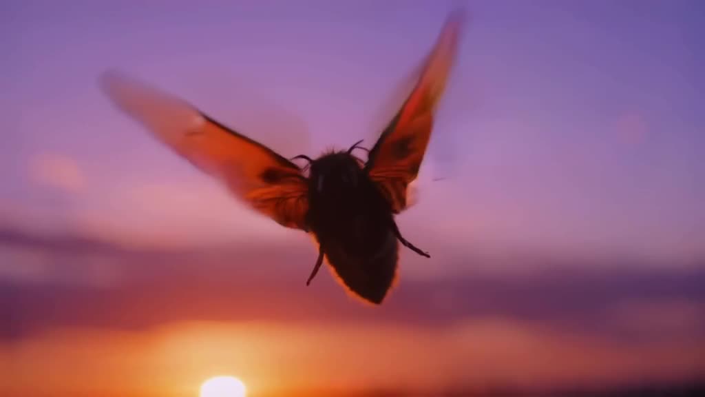 Dragonfly wings vibrating so fast they blur into transparency against a purple sunset sky…