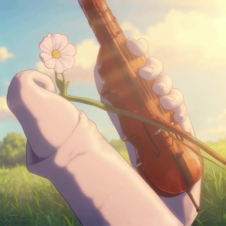 A cricket tunes a tiny violin made of a flower petal. Soft morning light fills the frame …