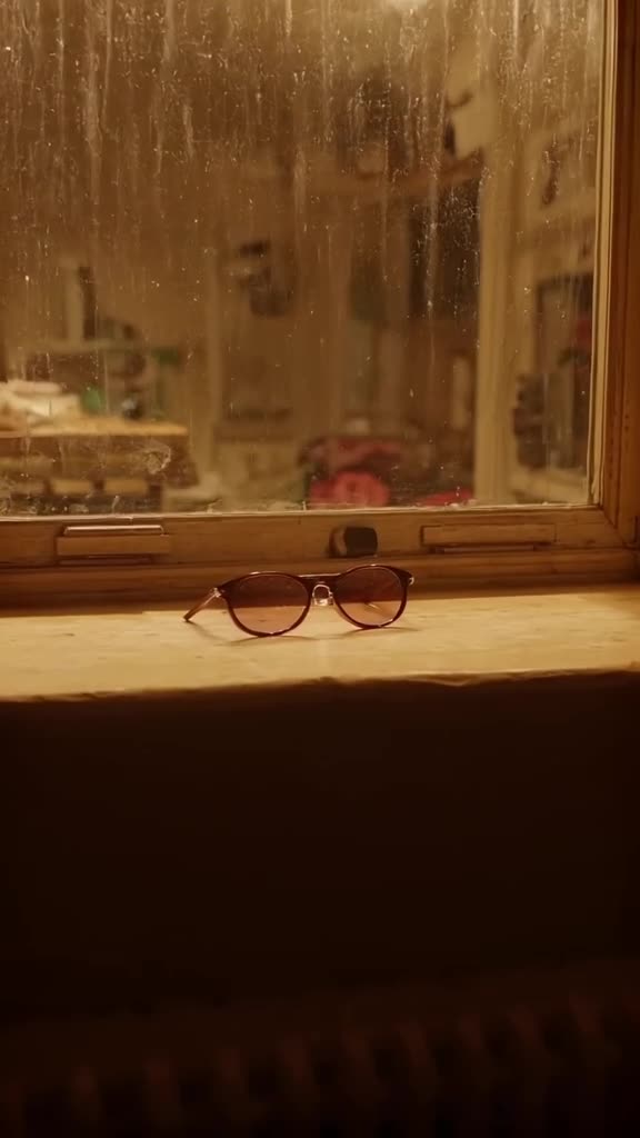 Rainy window frame with a single pair of sunglasses leaning against it, warm indoor light…