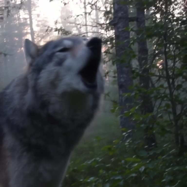 Documentary style with natural lighting. A grey wolf stands in a misty forest at dawn. Ca…