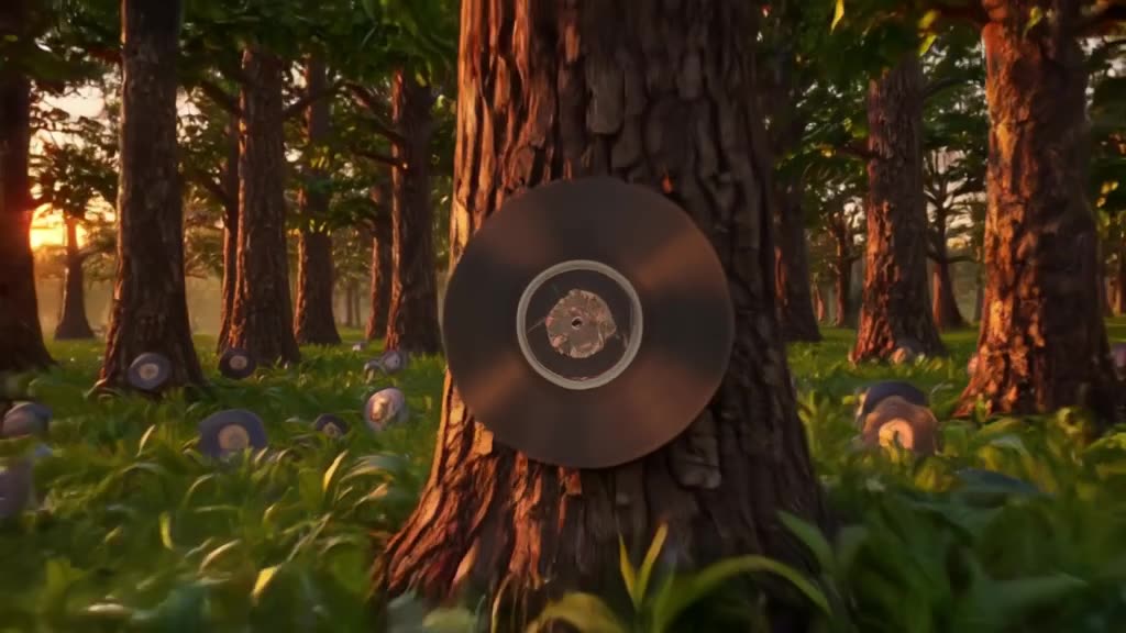 A sloth in a neon windbreaker leans against a giant vinyl record spinning slowly on the g…