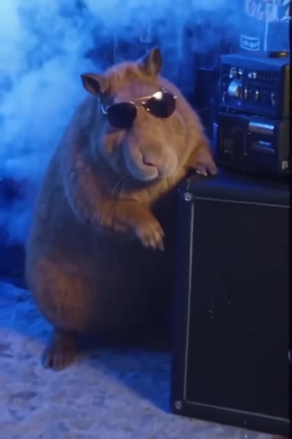 A capybara wearing sunglasses leans against a bass amp, looking incredibly cool. Smoke ma…