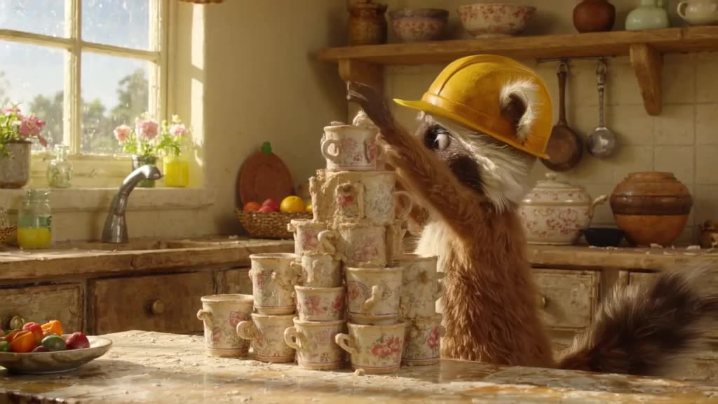 Raccoon in a tiny hard hat supervises construction of a castle made from stacked teacups …