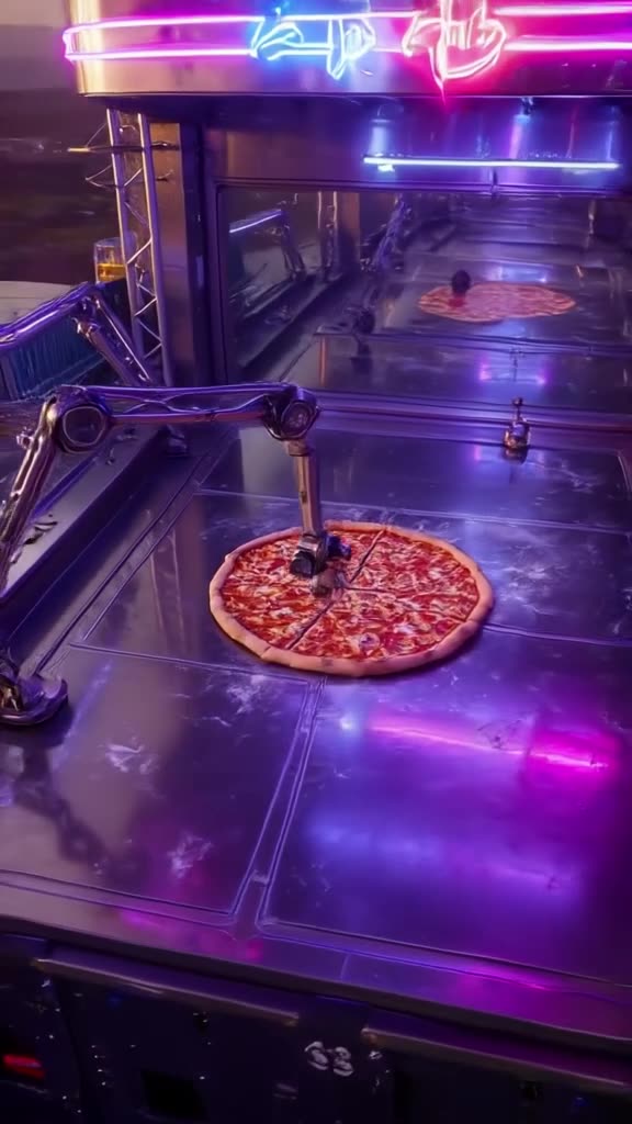 A drone shot flies over a pizza being sliced by a robotic arm in a futuristic kitchen. Ne…
