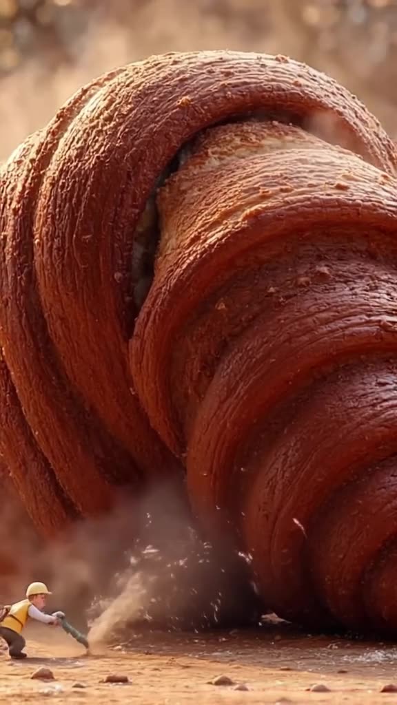 A giant, steaming chocolate croissant dominates the frame as a tiny worker in a yellow ve…