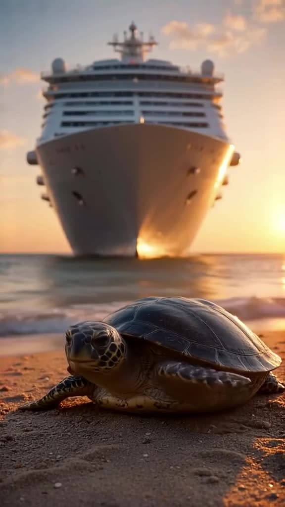Baby sea turtle hatching on a Greek beach, looking up at a massive cruise ship looming ab…
