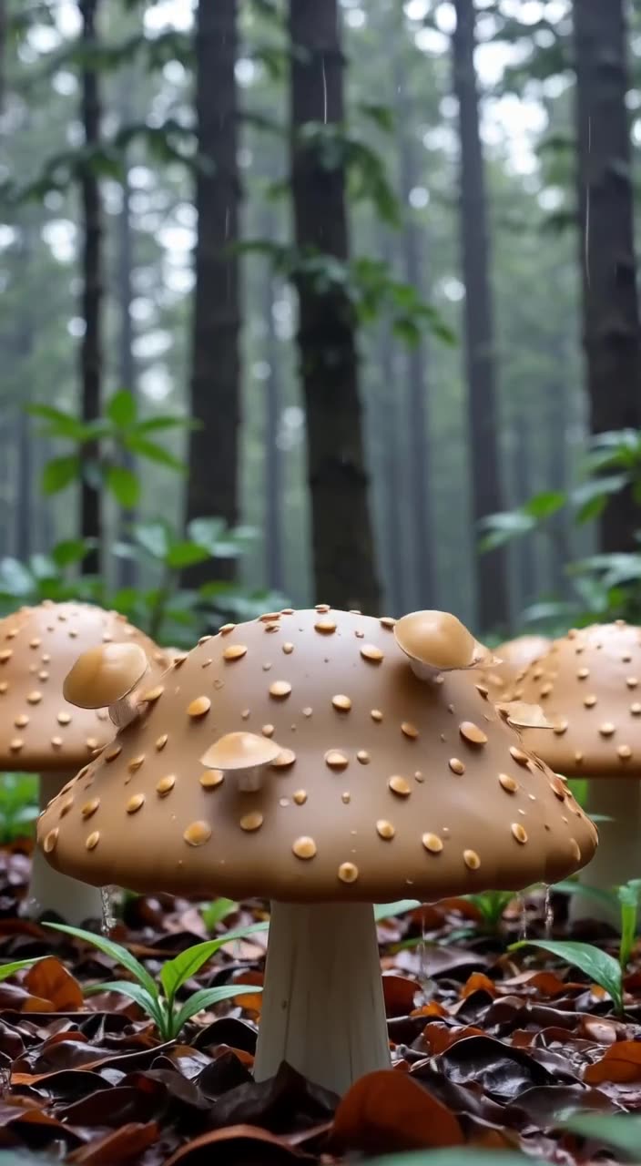 Mushroom caps snap shut like tiny umbrellas in rain, forest floor with raindrops, lightin…