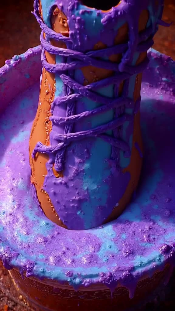 A sneaker-shaped donut is dipped into a bucket of glowing galaxy frosting. Swirls of purp…