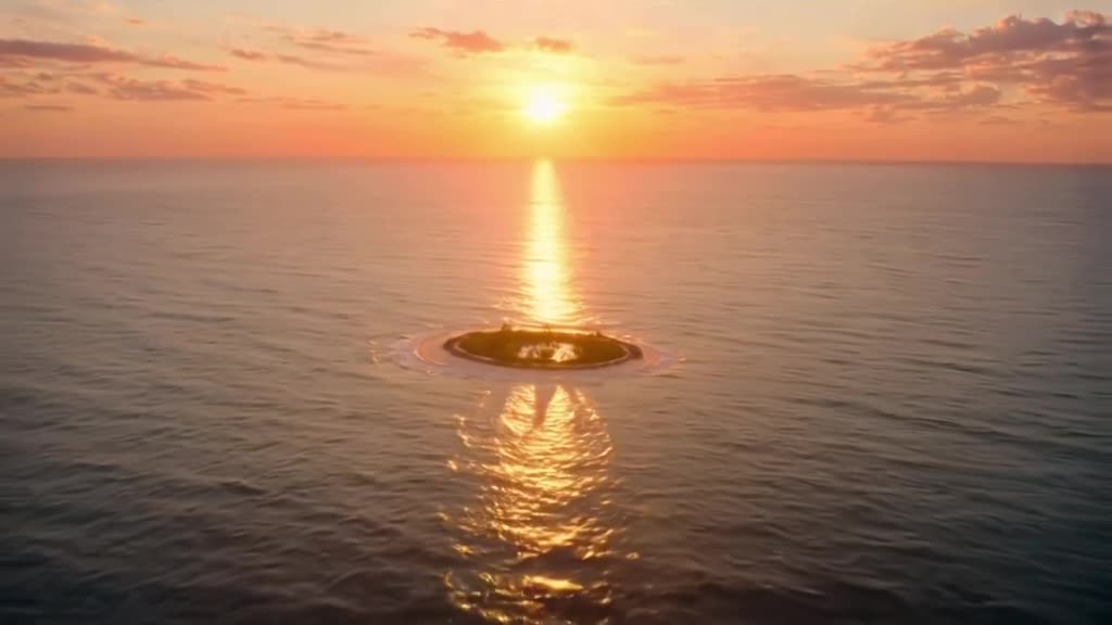 A pair of sleek sunglasses reflects a stunning sunset over a calm ocean. Camera zooms int…