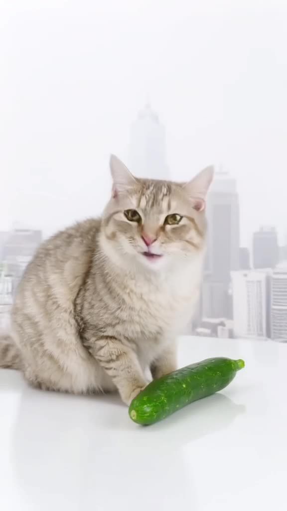 Product shot aesthetic, clean white background with city skyline blur. A cat sits elegant…
