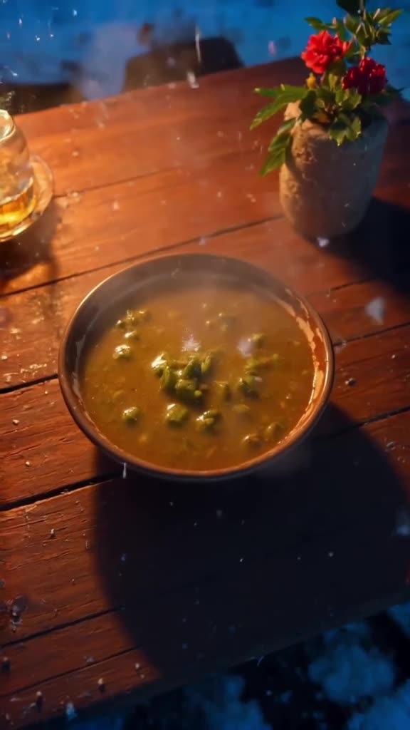A steaming bowl of soup sits on a wooden table outside a cabin. Snow begins to fall, land…