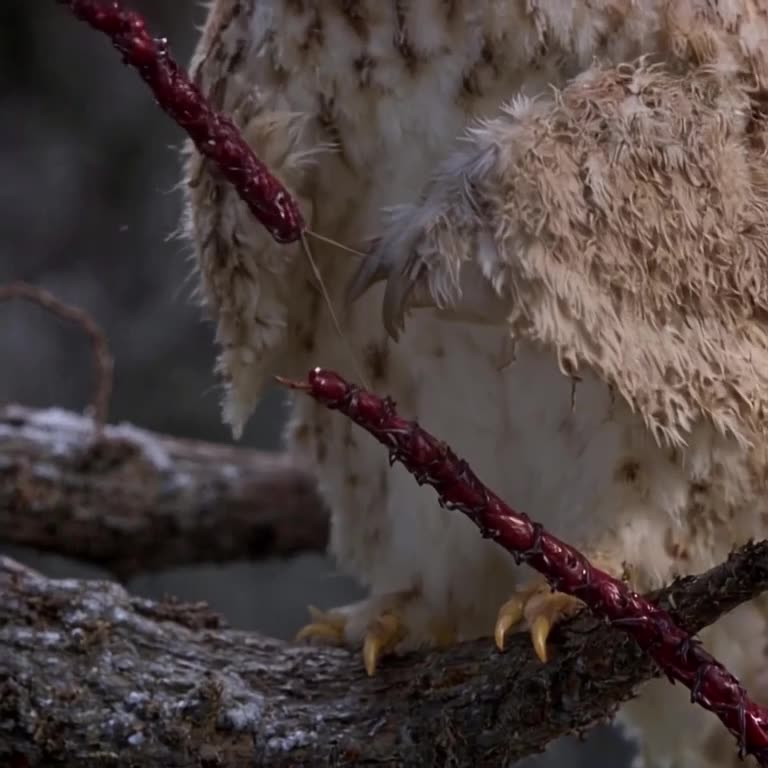 A snowy owl sits on a branch made of licorice. It plucks a string and it stretches like a…