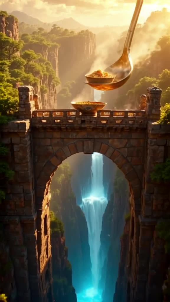 A majestic ancient stone bridge arches over a glowing blue chasm. A giant, comically over…