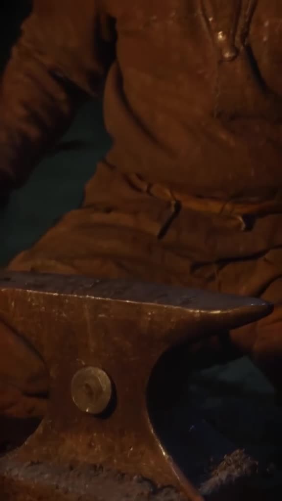 A documentary-style shot of a medieval blacksmith working at his anvil. Suddenly, a small…
