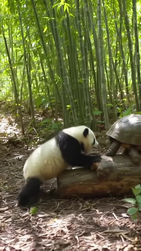 A baby panda sits in a bamboo forest, trying to climb a small log. A gentle giant tortois…