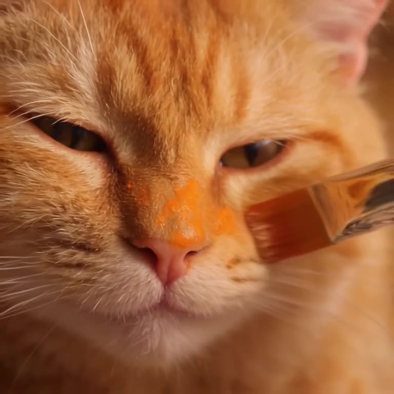A close-up of a cat’s face being gently painted with a brush dipped in bright orange powd…