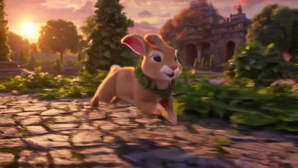 A baby rabbit wearing a laurel wreath hops confidently through a lush Roman garden at sun…
