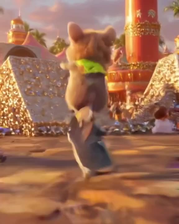 A tiny hamster wearing a neon bandana rides a miniature skateboard across a glittering fe…