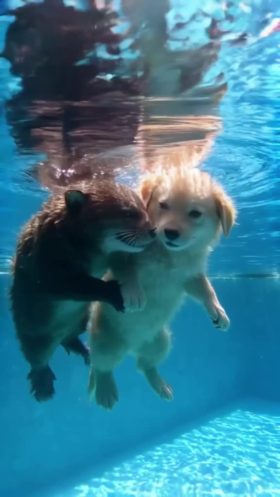 A real-life photo-realistic scene: an otter holds hands with a puppy while floating in a …