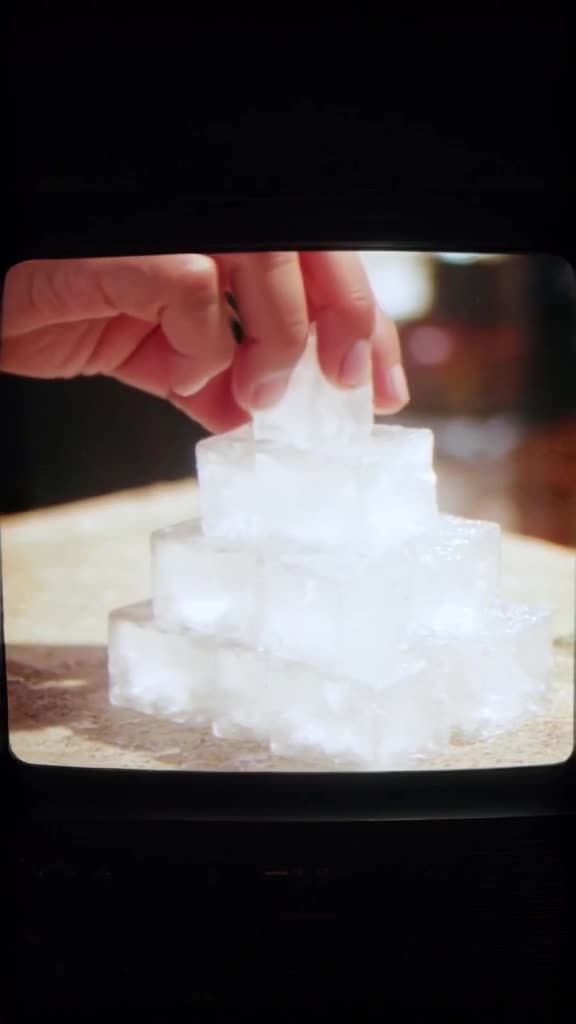 VHS aesthetic: a static-filled screen shows a hand stacking ice cubes that form a perfect…