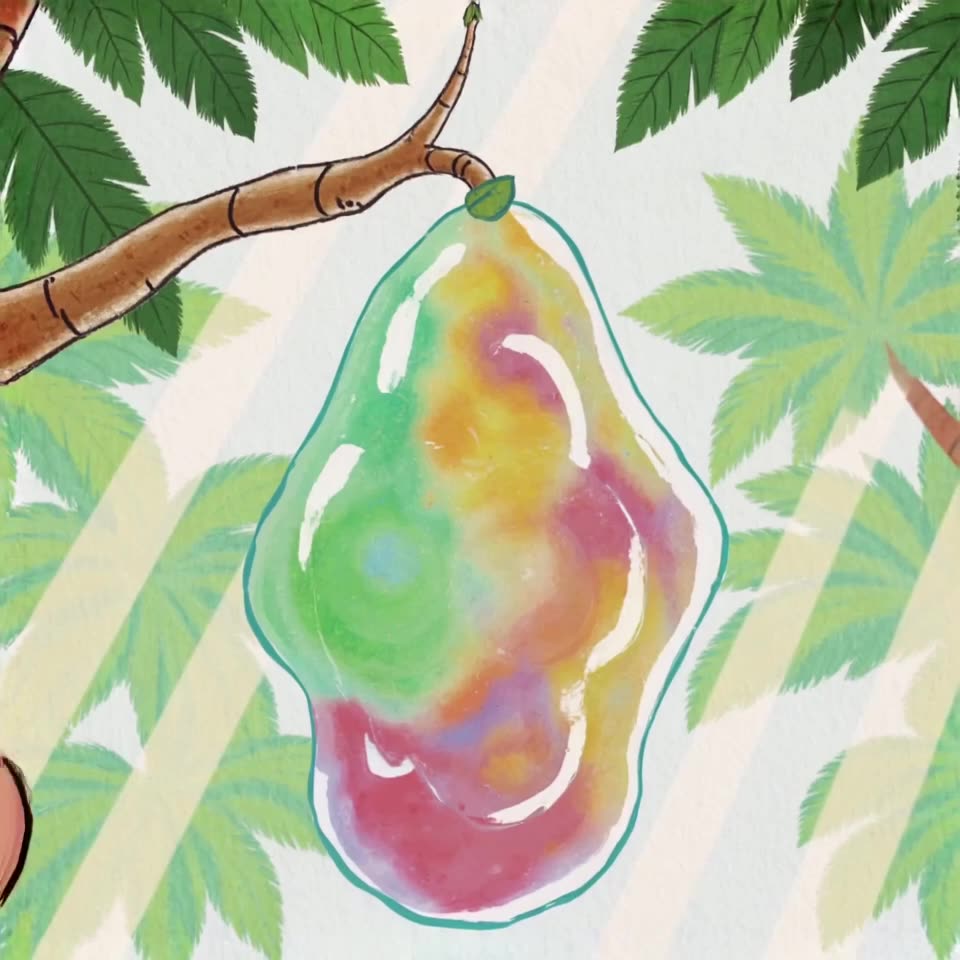 A giant, translucent jelly-fruit hangs from a branch. A finger presses it, causing it to …