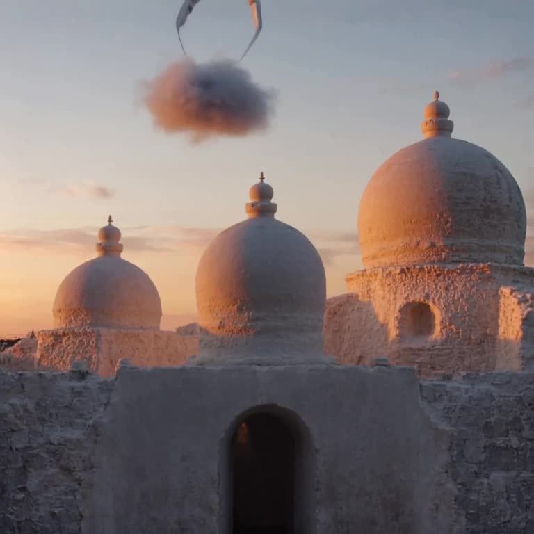 Santorini’s white domes glow under twilight. A giant pair of tweezers plucks a tiny cloud…