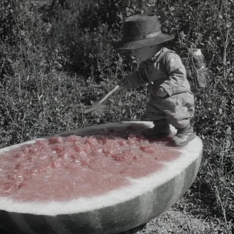 A tiny explorer stands on a giant slice of watermelon, using a straw as a telescope. The …
