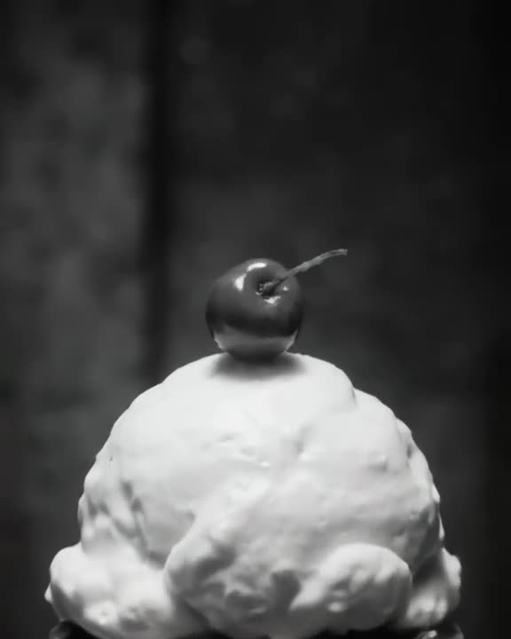 A black and white film noir detective lens focuses on a single cherry on top of an ice cr…