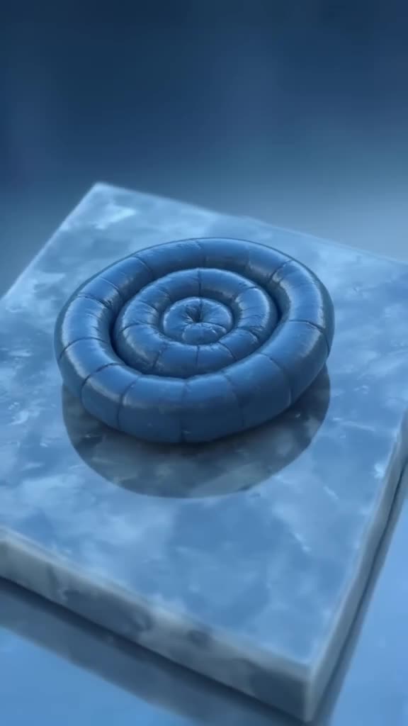 A millipede curls into a perfect spiral on a polished marble slab. Cool blue tones with r…